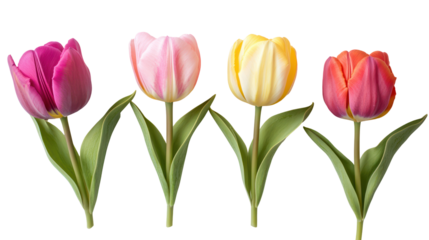 Four colorful tulips in a row isolated on transparent background