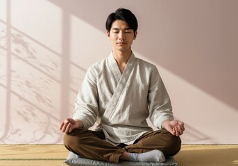 Fototapeta premium Serene Meditator: A person of Asian descent embodies tranquility in a zen-like setting, lost in deep meditation, radiating peace and inner calm.