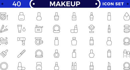 Makeup outline icon set. Sun and Protection icon set. Contains icons sunscreen, ultraviolet, sunglasses, SPF protection, umbrella, sunburn, sun hat and more.