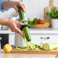 Woman using a vegetable spiralizer to make zucchini noodles