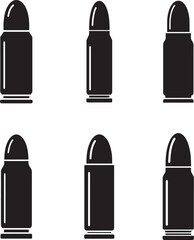 Six black silhouette icons of ammunition cartridges on a white background