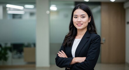 Fototapeta premium Confident Businesswoman: A poised businesswoman, arms crossed, exudes confidence and professionalism in a modern office setting.