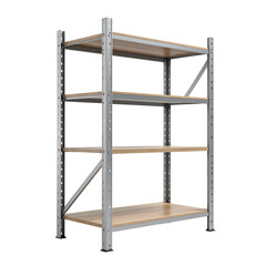 A multi-tiered metal storage rack with wooden shelves, empty and isolated on black