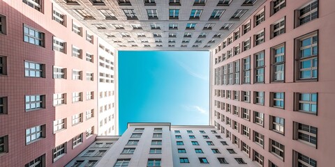 Looking up at the clear blue sky between tall buildings in a modern urban architecture