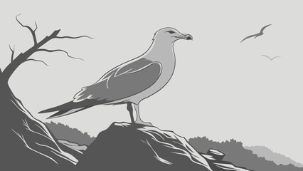 Fototapeta premium Seabird perched on a rock overlooking a landscape with a dead tree and flying birds in the background.