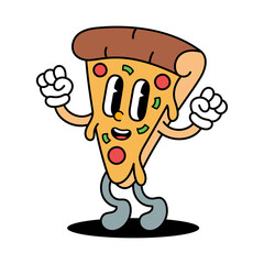 Retro cartoon pizza slice character dancing with a happy expression and exaggerated features on a transparent background