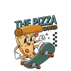 Retro Cartoon Pizza Slice Character Skater Riding Green Skateboard With A Determined Expression And The Words The Pizza Skater In Teal And Orange With A Checkered Pattern On Transparent Background