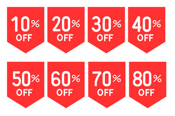 Red discount percentage badges set isolated on transparent background