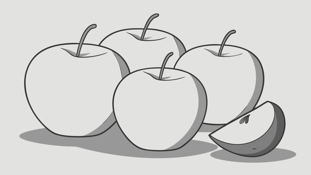 Four Apples and a Slice Simple Grey Scale Fruit Illustration Healthy Eating Graphic Design Element.