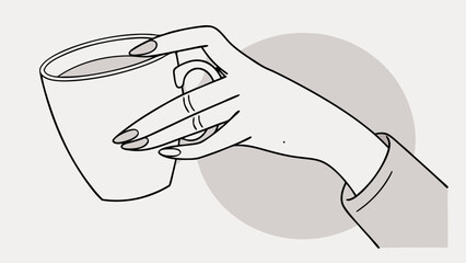 Hand holding a mug of hot drink minimalist line art illustration coffee cup tea beverage design element.