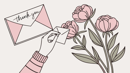 Hand holding thank you note with pink peonies illustration greeting card design floral stationery minimalist art.