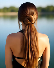 Image d'une femme de dos dont les cheveux bruns sont noués par derrière 