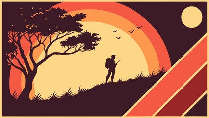 Naklejka premium Silhouette of a hiker at sunset with a tree and birds retro style illustration.