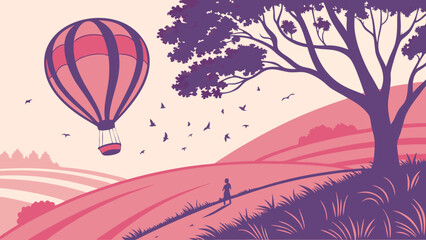 Hot Air Balloon over Rolling Hills Scenic Landscape Peaceful Nature Scene Woman Walking Path Birds Flying Travel Adventure Illustration.