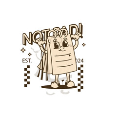 Naklejka premium Retro Cartoon Notepad Character with Happy Expression and Light Brown Color Palette and Outline Border Design