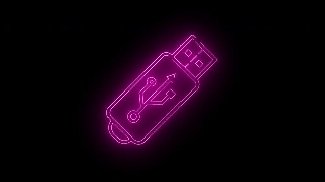 Pink neon glowing USB flash drive icon animation representing portable data storage and technology