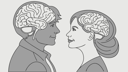 Illustration of Two Heads Showing Brain Anatomy Medical Illustration Psychology Concept.