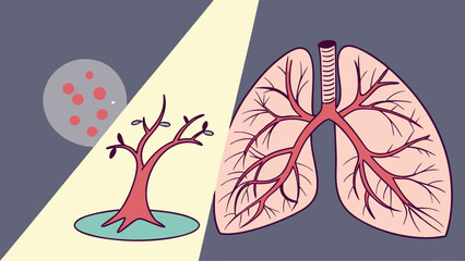 Illustrative comparison of lungs and a small tree with air pollution particles shown in the background.