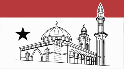 Islamic Mosque Illustration Religious Architecture Black and White Line Drawing Crescent Moon Symbol Star Symbol Dome Minaret Spiritual Design Vector Graphic Simple Design Clean Design.