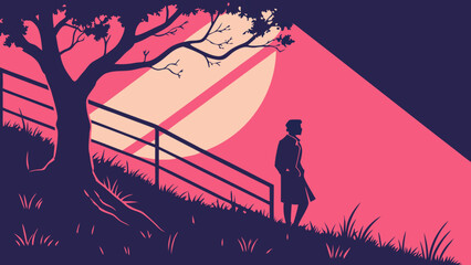 Fototapeta premium Silhouette of a Person Standing on a Hillside at Sunset with a Tree and Fence Minimalist Vector Illustration.