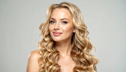 Woman with blonde curls, neutral background