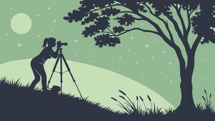 Night Photography Silhouette Woman with Camera on Tripod Under Starry Sky and Tree.