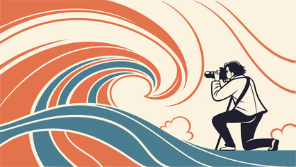 Photographer Kneeling Capturing Abstract Wave Design Artistic Illustration Vintage Style.