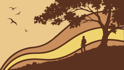 Silhouette of Person Standing Under a Tree with Birds in Flight Abstract Nature Illustration.