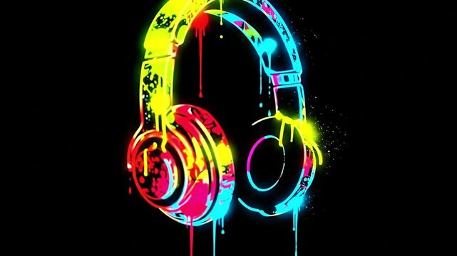 Vibrant, neon headphones with a splash of color on a dark background.