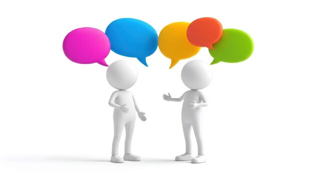 Two simple white figures engage in conversation, surrounded by colorful speech bubbles