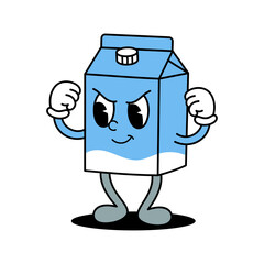 Retro Style Blue Milk Carton Character Flexing Muscles With Cartoon Eyes and Smiling Face Transparent Background