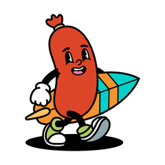 Retro Style Hot Dog Character Walking with Surfboard and Smiling with a Transparent Background