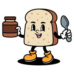 Retro Style Toast Character Holding A Jar Of Spread And Spoon With A Smiling Face And Orange Shoes On A Transparent Background