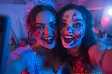 Halloween night: friends bonding amid shadowy festive backdrops. Poster graphics. Dynamic duo capturing halloween excitement surrounded by enchanting decorations. Movie cover.