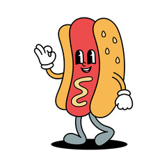 Retro Hot Dog Cartoon Character with Mustard and Ketchup on a Transparent Background
