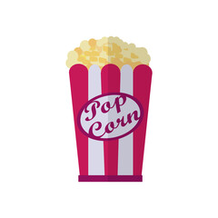 Retro Popcorn Box With Classic Stripes Filled With Fluffy Kernels And A Label Reading Pop Corn On A White Background