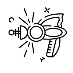 Retro ray gun icon with sparkling energy bursts and simple line art isolated on white background symbolizing science fiction and futuristic technology in a playful graphic style