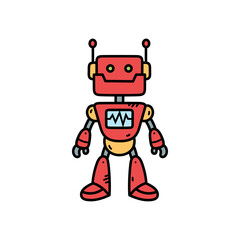 Retro Red Cartoon Robot With Antennas And A Digital Display Screen On Its Torso Standing On A White Background