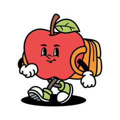 Retro Red Apple Character With A Yellow Backpack Walking With A Smile And Green Shoes Transparent Background