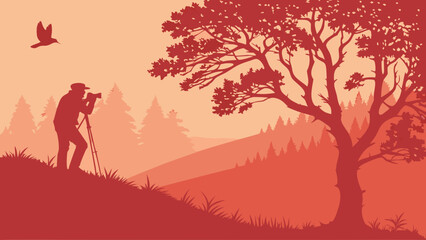 Silhouette of a photographer with a camera on a tripod capturing a scenic landscape view with trees and a bird in flight.