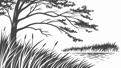 Stylized Black and White Illustration of a Tree by a Lake with Reeds and Grass.