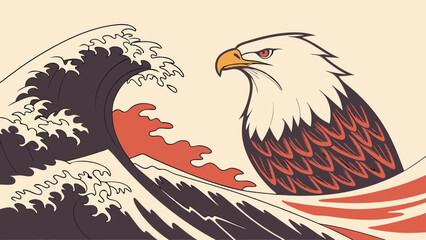 Obraz premium Stylized Eagle and Wave Illustration Japanese Art Inspired Design Vector Graphic for Print and Web.