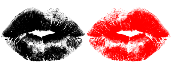 Hand-Stamped Black and Red Lip Print Realistic Human Lipstick Mark Minimal Art Element Isolated on a Transparent or White Background