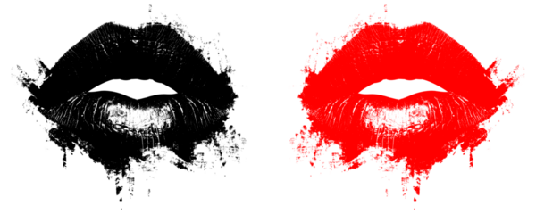 Abstract Artistic Black and Red Lip Mark With Rough Lipstick Texture Design Isolated on a Transparent or White Background