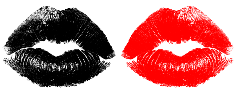 Black and Red Lipstick Lip Print Hand-Stamped Human Lips Realistic Textured Impression Isolated on a Transparent or White Background