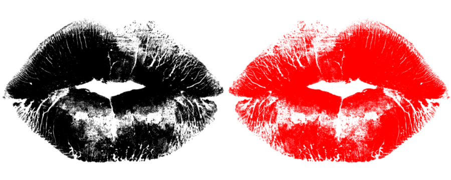 Hand-Stamped Black and Red Lip Print Realistic Human Lipstick Mark Minimal Art Element Isolated on a Transparent or White Background