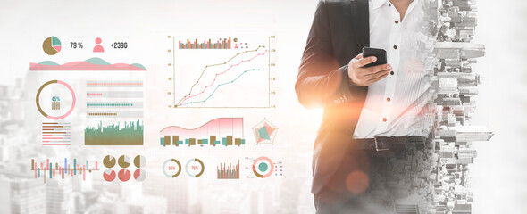 A business professional stands in an urban environment, analyzing data on a smartphone with a collection of vibrant charts and graphs in the background. Impute