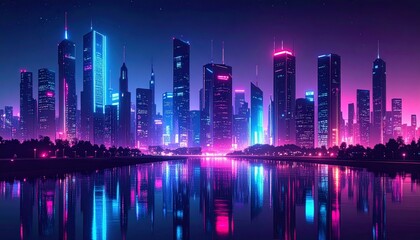 Fototapeta premium Vibrant Neon Metropolis Skyline Reflecting Blue and Pink Hues on Calm Water