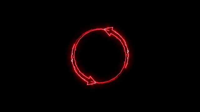 Rotating circle arrows neon bright red color animation 4k video.
