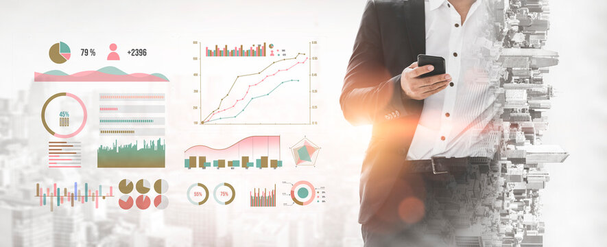 A business professional stands in an urban environment, analyzing data on a smartphone with a collection of vibrant charts and graphs in the background. Impute